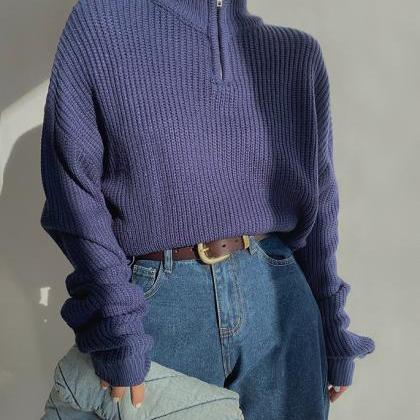 Vintage Blue Loose Stand Neck Zipper Sweater..