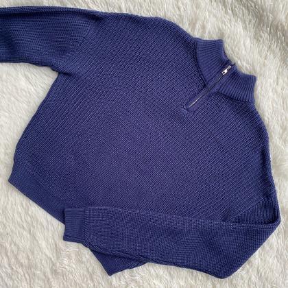 Vintage Blue Loose Stand Neck Zipper Sweater..