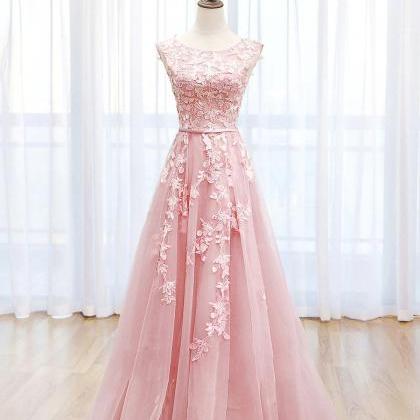 A-line Lace Pink Long Prom Dress, Pink Lace Long..