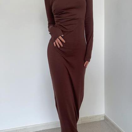 Elegant Long-sleeve Mocha Midi Dress
