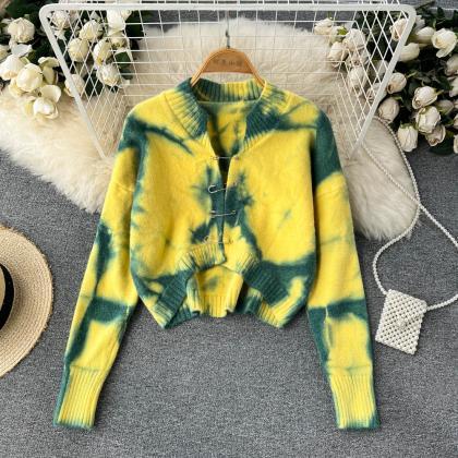 Vintage Tie-dyed Long-sleeved Knitted Cardigan..