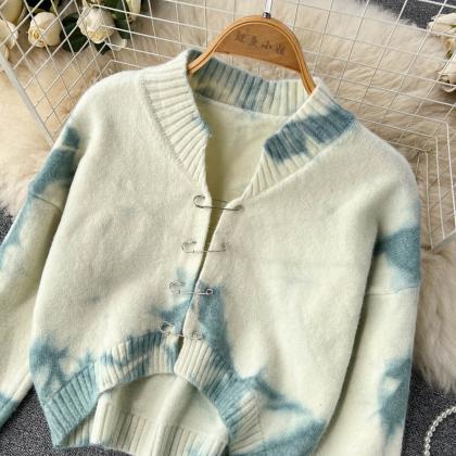 Vintage Tie-dyed Long-sleeved Knitted Cardigan..