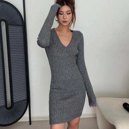 V Neck Knitted Dress Slim Bottoming Sweater Skirt