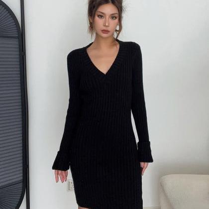V Neck Knitted Dress Slim Bottoming Sweater Skirt