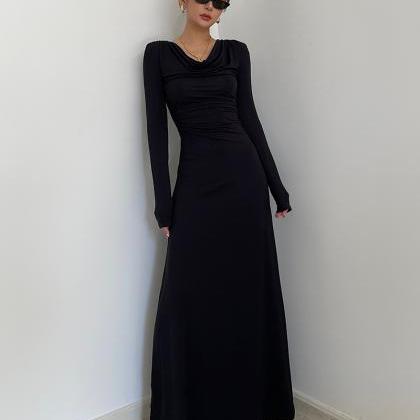 Long-sleeved Dress With Dangling Collar And Narrow..
