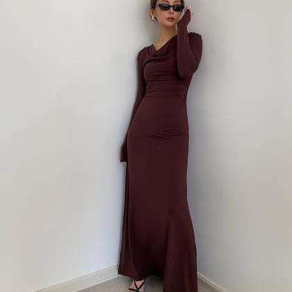Long-sleeved Dress With Dangling Collar And Narrow..
