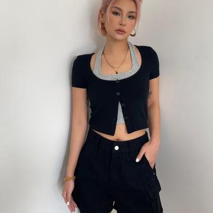 Articulated Fake Two-piece High-waisted Crop Top
