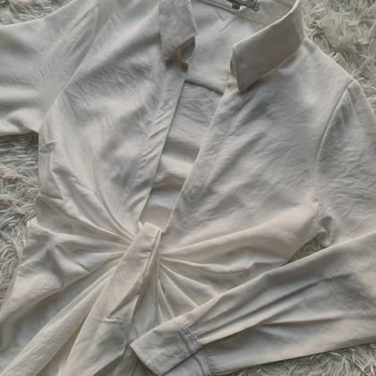 Ins Irregular V-neck White Pleated Lace Up Shirt..