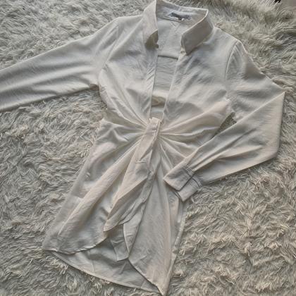 Ins Irregular V-neck White Pleated Lace Up Shirt..