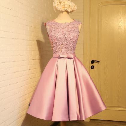 Elegant Pink Applique Lace Homecoming Dress,short..