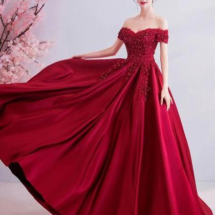 Burgundy A-line Applique Lace Long Prom Dresses,..