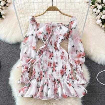 Long Sleeve Square Collar Pleated Chiffon Floral..
