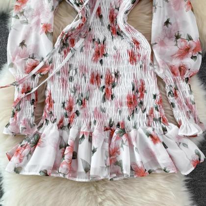 Long Sleeve Square Collar Pleated Chiffon Floral..