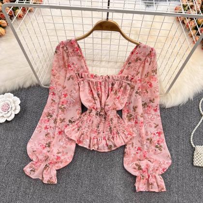 Vintage Square Neck Puffed Sleeve Ruffled Floral..