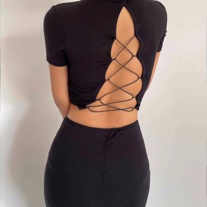 Lace Up Back Crop Short Sleeve T-shirt
