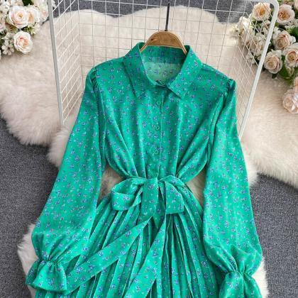 Impressive Green Floral Long Sleeve Maxi Dress