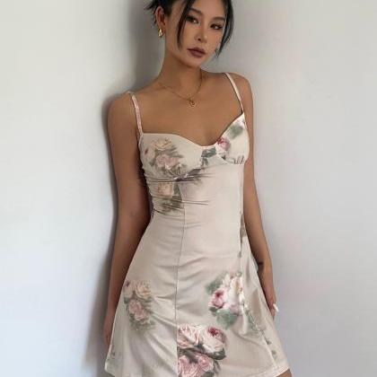 Sexy Rose Floral Printed Backless A-line Dress