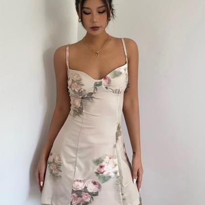 Sexy Rose Floral Printed Backless A-line Dress