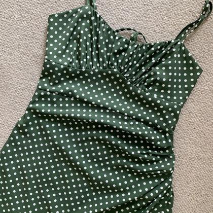 Green Polka Dot Midi Dress Slit Side Maxi Dress..