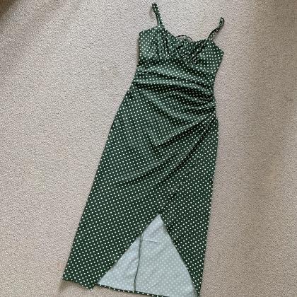 Green Polka Dot Midi Dress Slit Side Maxi Dress..