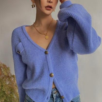 Blue V-neck Short Loose Sweater Cardigan