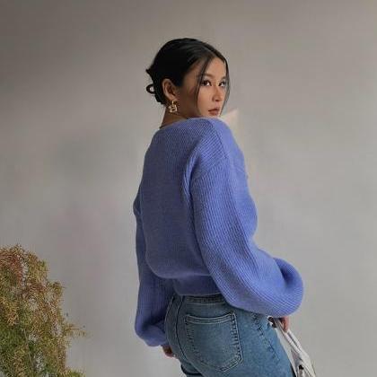 Blue V-neck Short Loose Sweater Cardigan
