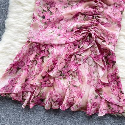 Floral Drawstring Fold Bodycon Maxi Dress