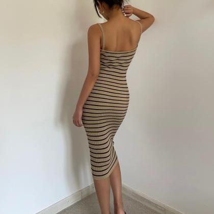 Striped Bodycon Midi Dress Ribbed Knit Dress