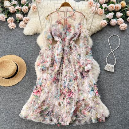 Sheer Mesh Long Sleeve Round Neck Dress Floral A..