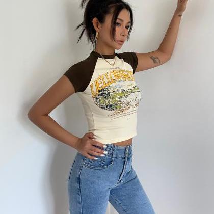 Printed Stitching Crop Top Short Sleeve Sexy Cute..