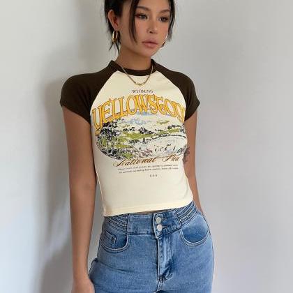 Printed Stitching Crop Top Short Sleeve Sexy Cute..