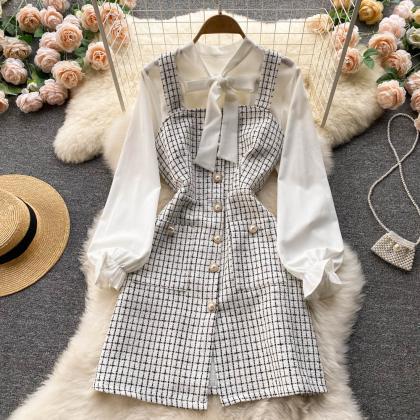 Plaid Button Front Long Sleeve Tweed A Line Two..