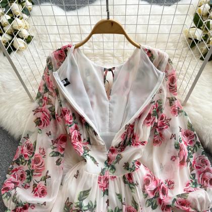 Long Sleeve Vintage Flowy Dress Floral Print Maxi..