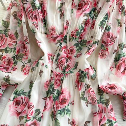 Long Sleeve Vintage Flowy Dress Floral Print Maxi..