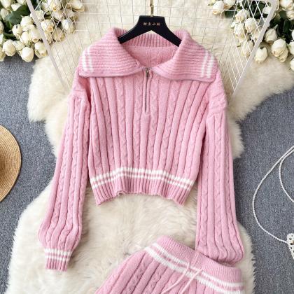 2 Piece Outfits Striped Knitted Pullover Sweater..