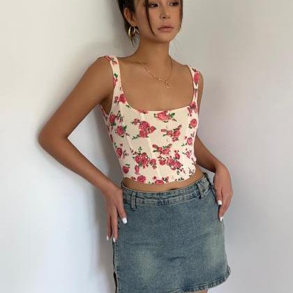 Floral Camisole Tank Top Sexy Short Slim High..