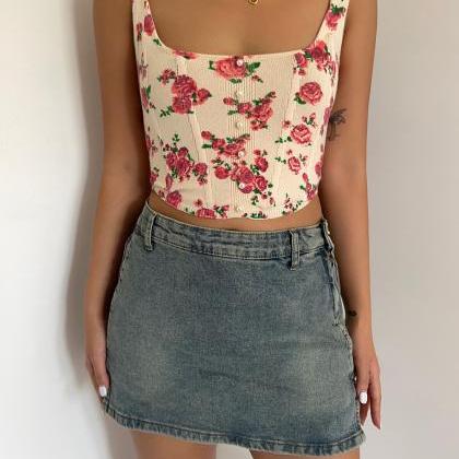 Floral Camisole Tank Top Sexy Short Slim High..