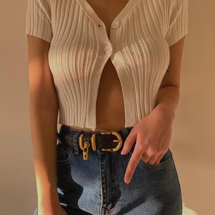 Button Front Short Sleeve Rib Knit Shrug Sweaters..