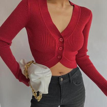 Sexy V-neck Long Sleeve Button Front Knit Crop..