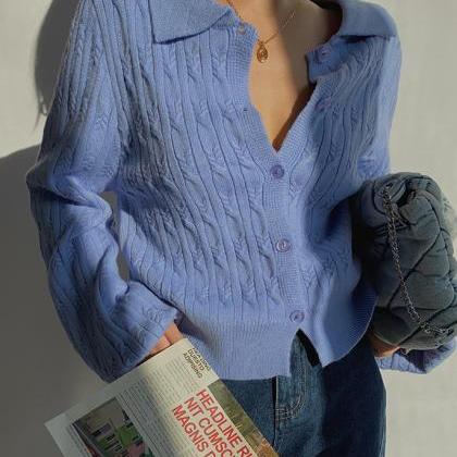 Long Sleeve Polo Sweater Button Down Cable Knit..