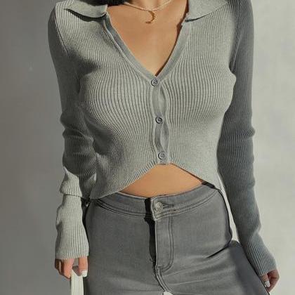 Short Long-sleeved Sweater Cardigan With Irregular..