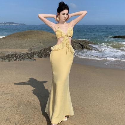 Beach Holiday Style Maxi Dress With Ruffled Slip..