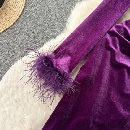 Wool Patchwork Pleated Waist Velvet Bodycon Dress