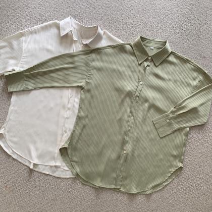 Striped Button Down Shirts Sliky Satin Casual Long..