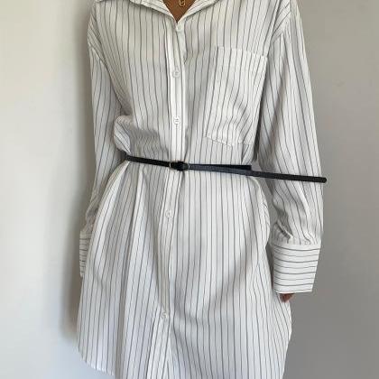 Vintage Striped Long Sleeve Shirt Dress With Belt