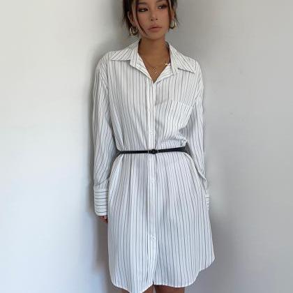 Vintage Striped Long Sleeve Shirt Dress With Belt