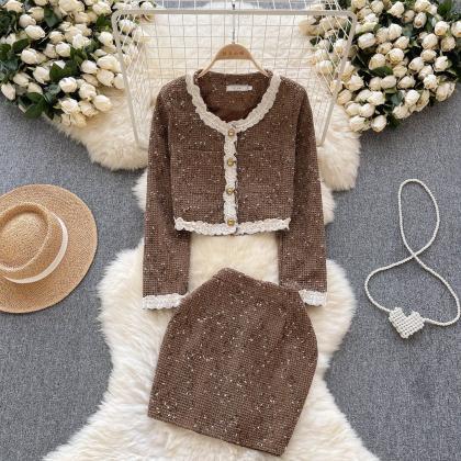 Vintage-inspired Brown Tweed Skirt Suit With Lace..
