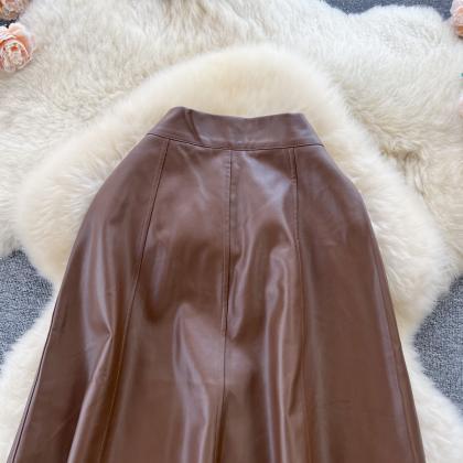 Elegant High Waist Pu Leather Skirt Big Swing Midi..