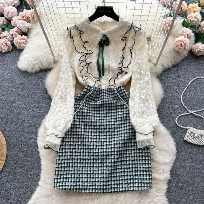 Lace Stitching Tweed Long Sleeve Beaded Dress