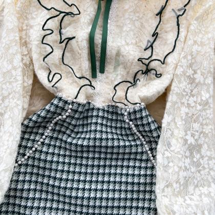Lace Stitching Tweed Long Sleeve Beaded Dress